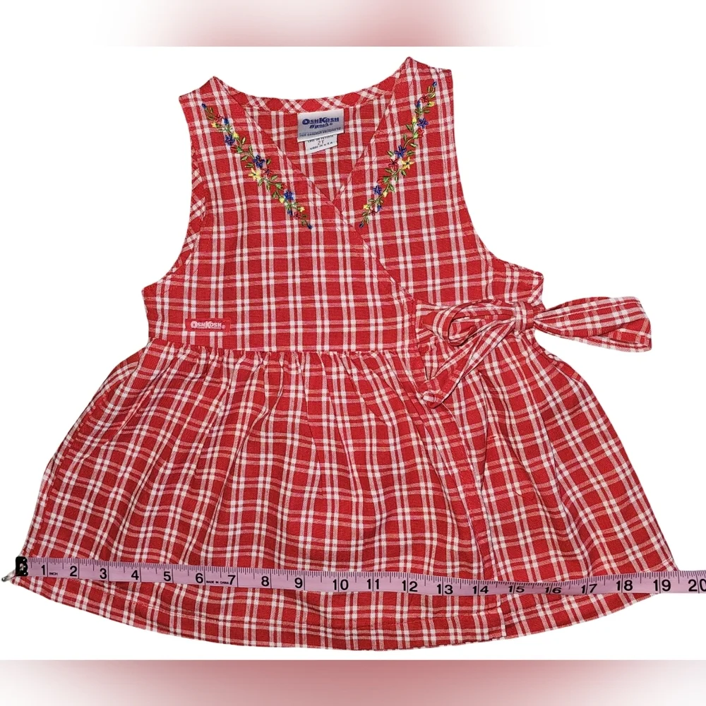 Vtg OshKosh B'gosh Red Gingham Wrap Dress Floral Embroidered USA Toddler Sz 2T - Picture 9 of 16
